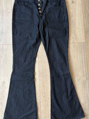 Women's Black Flare Jeans with Button-Front Detail